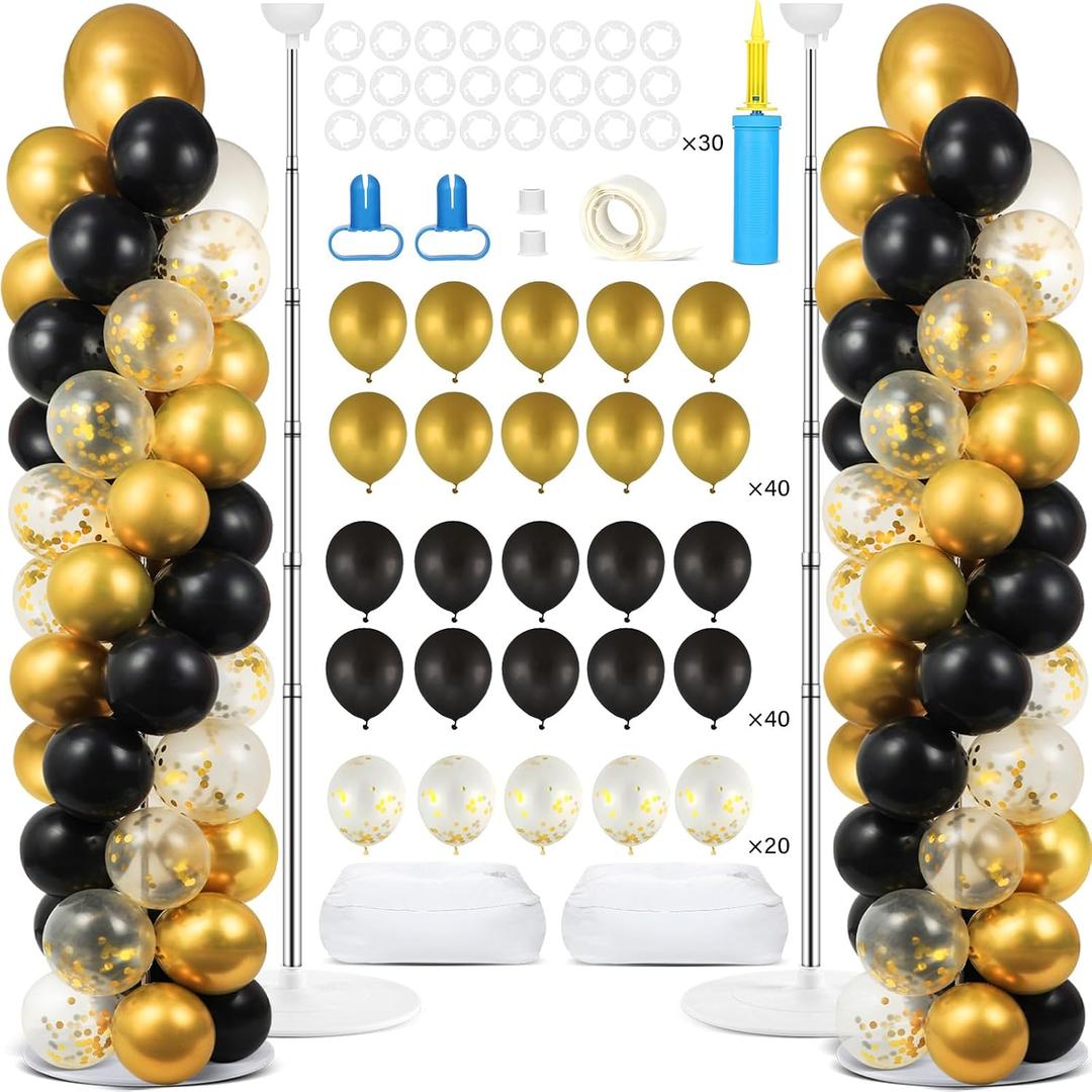 2 Set Black and Gold Balloons Column Stand Kit with 100 Balloons Adjustable Balloon Stand with Bases for Floor Black Gold Confetti Balloon Column Kit for Bridal Shower Valentine Birthday Party Decor