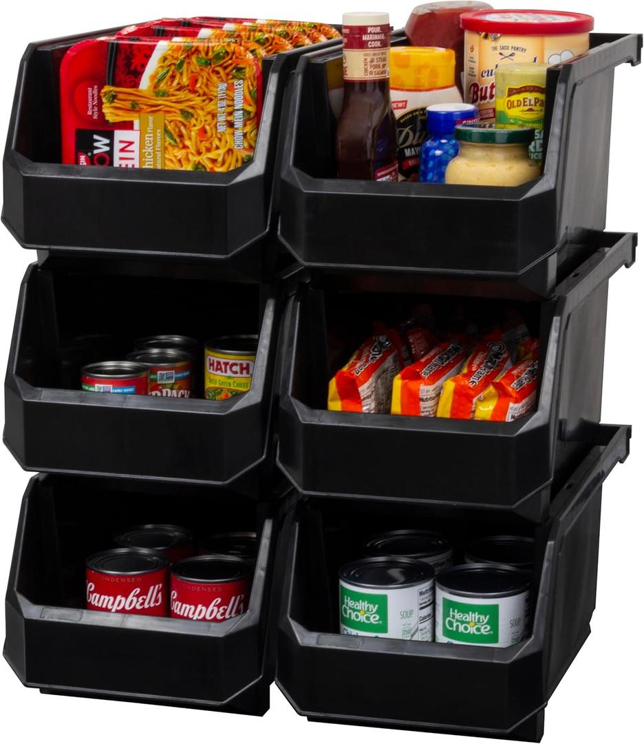 Plastic Containers for Organizing and Storage Bins for Closet, Kitchen, Office, Garage or Pantry Organization, Stackable Bins, Large (14.8" x 8" x 7"), 6-Pack, Black (Large, 6-Pack, Black)