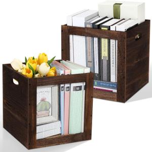 2 Pack Stackable Wood Storage Bins with Metal Wire and Handles 13 x 13 x 13 Inch, 36l Cube Vinyl Record Holder Wooden Storage Crate Basket for Shelve Fruit Vegetable Pantry Toy(Walnut)