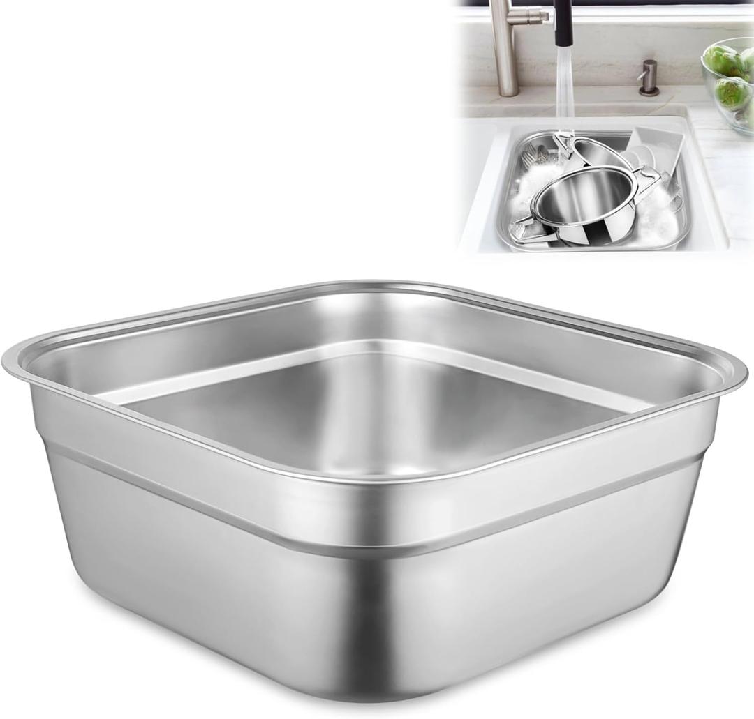 yeesport Stainless Steel Washing Up Bowl, Multi-Purpose Dish Tub for Sink, Large Square Container for Kitchen, Vegetable Washing Basin, Sturdy Dishpan for Home