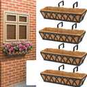 4 Pack 36IN Window Box Railing with Adjustable Brackets, Hanging Flower Planter Basket with Coco Liner for Outdoor Balcony Porch Fence Patio (Black)