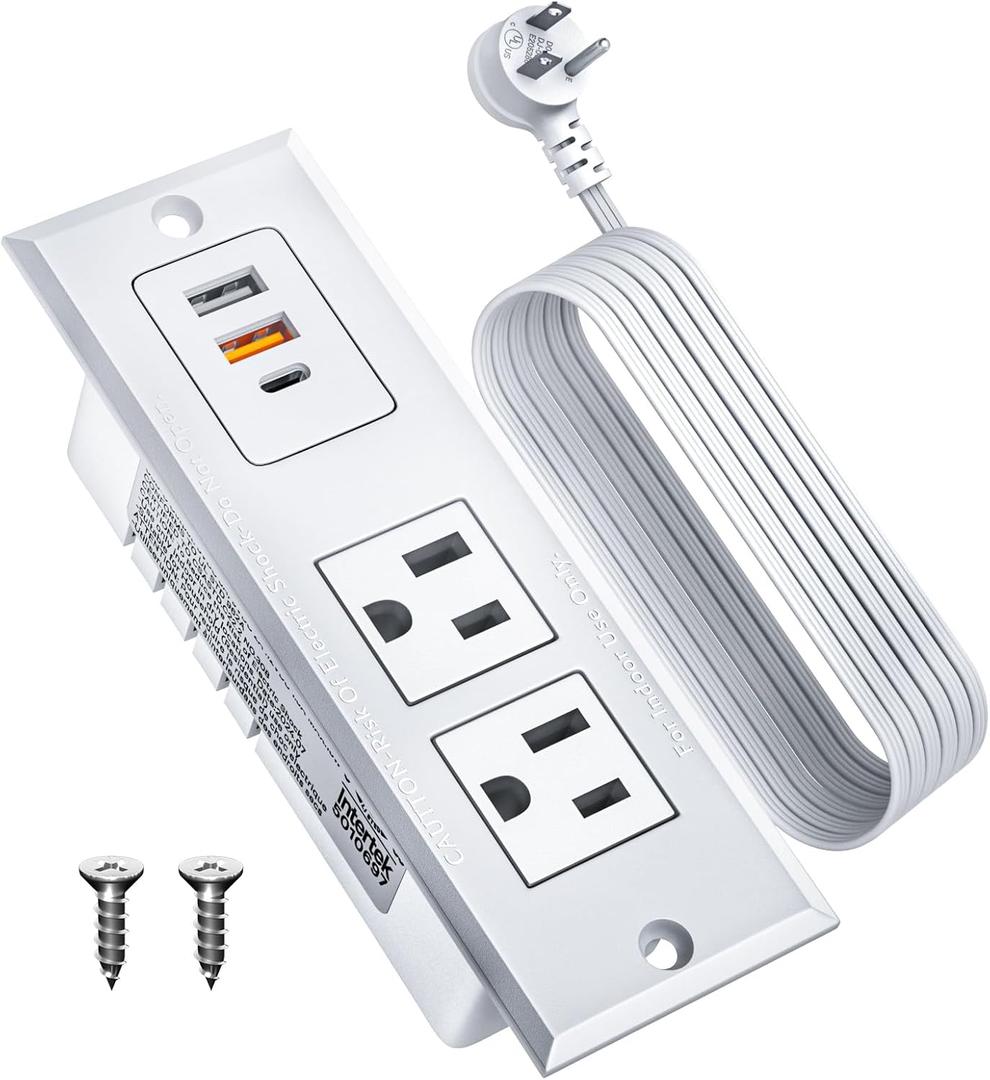 DOACE Recessed Power Strip with 18W USB C Fast Charging Conference Recessed Outlet,Space-Saver for Furniture Side Table,2 AC Outlets,3 USB Ports,6ft Cord, 45 Thin Flat Plug, White