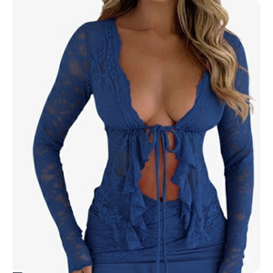 Women's Lace Tie Front Tops Mesh Ruffle Bow Long Sleeve See Through Blouse Shirt Dressy Casual 2025, Size M