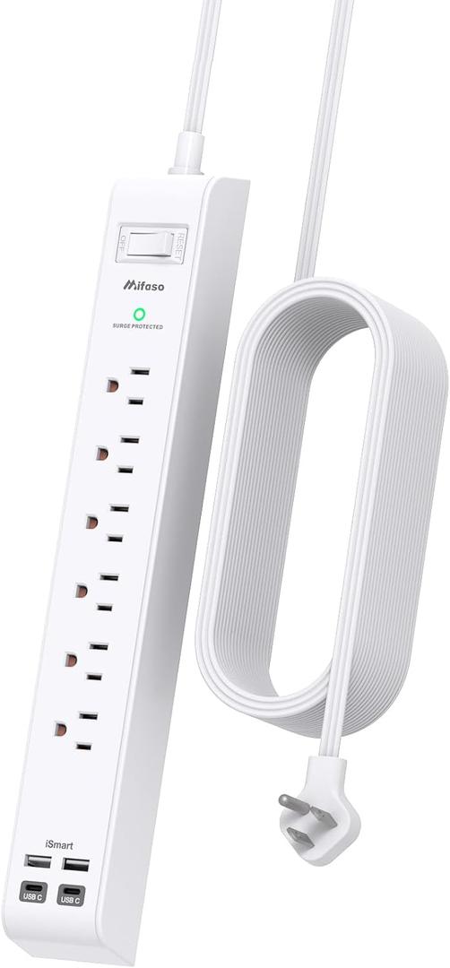 Flat Plug Power Strip, 5FT Ultra Thin Extension Cord with Multiple Outlets, 6 Outlets & 4 USB Ports (2 USB C), Surge Protector, Desk Charging Station for Home Office, College Dorm Room Essentials (White)