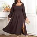 SCOMCHIC Women's Plus Size Fall Dresses Long Sleeve Square Neck Smocked Flowy A-Line Formal Wedding Guest Maxi Dress (Brown, XXXL)