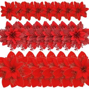 GREENTIME 24 Pcs Glitter Poinsettia Red Golden Artificial Flowers Christmas with Clips Stems Xmas Tree Ornaments for New Year Party Stairs Fireplace Porch Balcony Garden Church Wreath Decoration