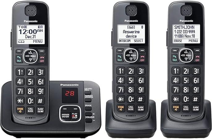 Panasonic DECT 6.0 Expandable System, Cordless Phones With Answering Machine and Call Blocking  3 Cordless Phones 3 Handsets  KXTGE633M (Metallic Black)