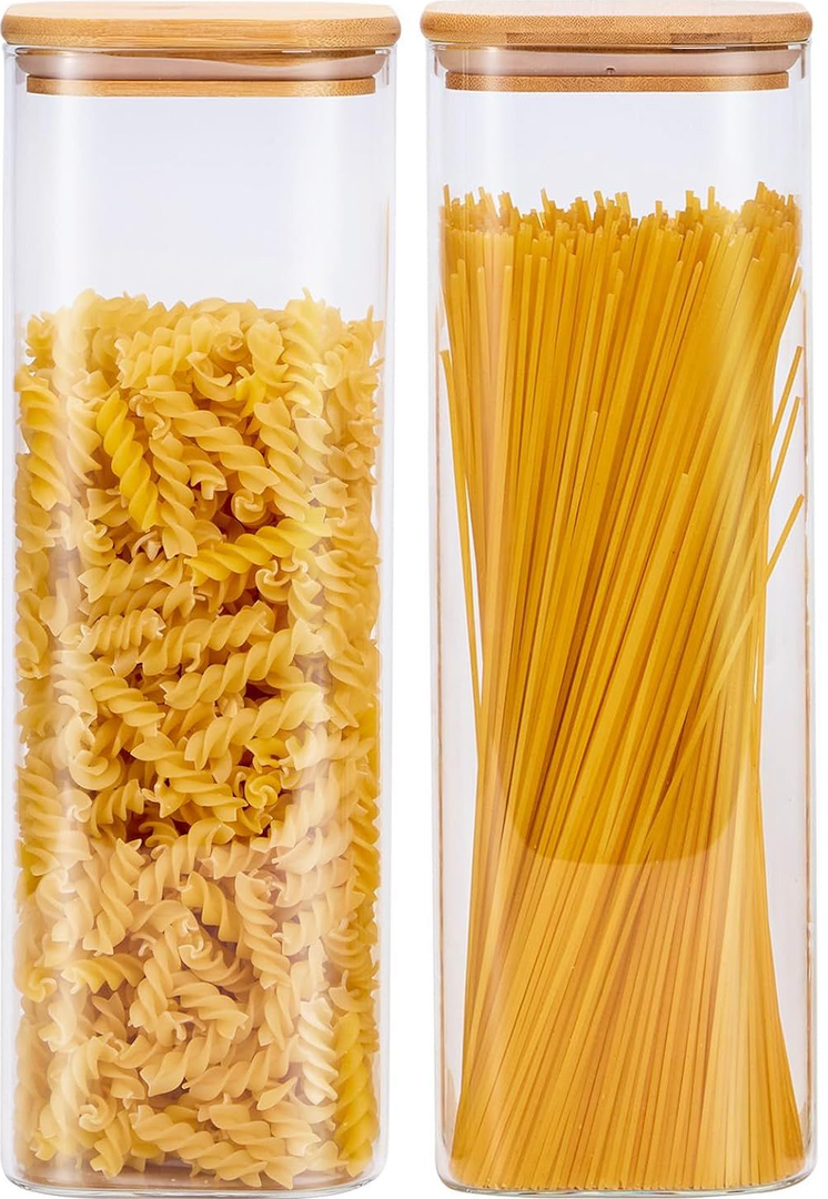 Square Glass Food Storage Jars with Lids[Set of 2], Perfect for Pasta, Cookies, Nuts, Coffee, Cereal, Flour, Organize Your Kitchen and Pantry with these BPA-Free Glass Jars with Canisters