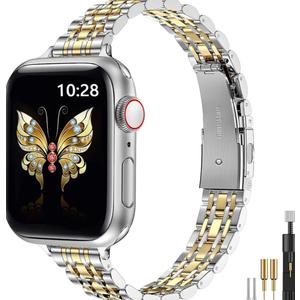 MioHHR Slim Metal Band Compatible with Apple Watch Band 42mm(Series 11 10) 41mm(Series 9 8 7) 40mm(Series 6 5 4 SE3/2/1) 38mm(Series 3 2 1),Stainless Steel iWatch Bands for Women,Silver/Gold