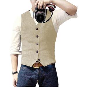 Ceehuteey Men's Suit Vest Waistcoat Tweed Retro V Neck Wool Herringbone for Prom (Small, Champagne)
