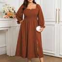 SCOMCHIC Womens Plus Size Maxi Dress Long Sleeve Square Neck Smocked Dress | Wedding Guest Cocktail Flowy Split Casual Fall Dress Empire Waist A Line Long Dresses with Pockets (XXXL)