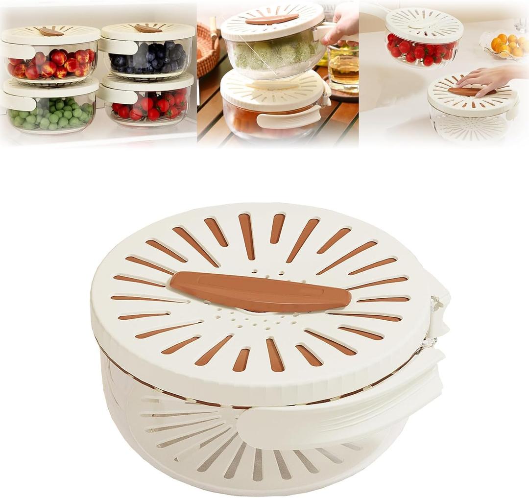 Foldable Colander with Lockable Lid, Multifunctional Strainer Bowl Food Drainer for Kitchen and Fridge, BPA Free Fruit and Vegetable Washing Bowl with Portable Handle for Easy Storage (Brown), Pack of 4