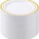 BESTSTAR White Plastic Plates for Party, 10.25 Inch Disposable Plates with Gold Rim, Heavy Duty Dinner Plates for Christmas, Thanksgiving, Party, Wedding and Birthday