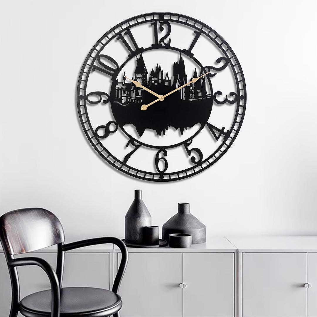 Wall Clock for Living Room Decor-26 Inch Battery Operated Large Wall Clocks Silent Non-Ticking for Bedroom Kitchen-Metal Black Castle Design for Home Decor