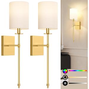 24.5 Inch Wall Sconces Battery Operated Set of 2, Rechargeable Wireless Wall Sconces Lights with Remote, Not Hardwired Dimmable Gold Wall Lamps with White Fabric Shade for Bedroom, 2 Bulbs Included (Gold and White)