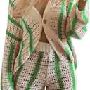Gihuo Women' s Y2K 2 Piece Knit Outfits Striped Sweater Shorts Set Color Block Long Sleeve Button Up Shirts Shorts (S, Green)