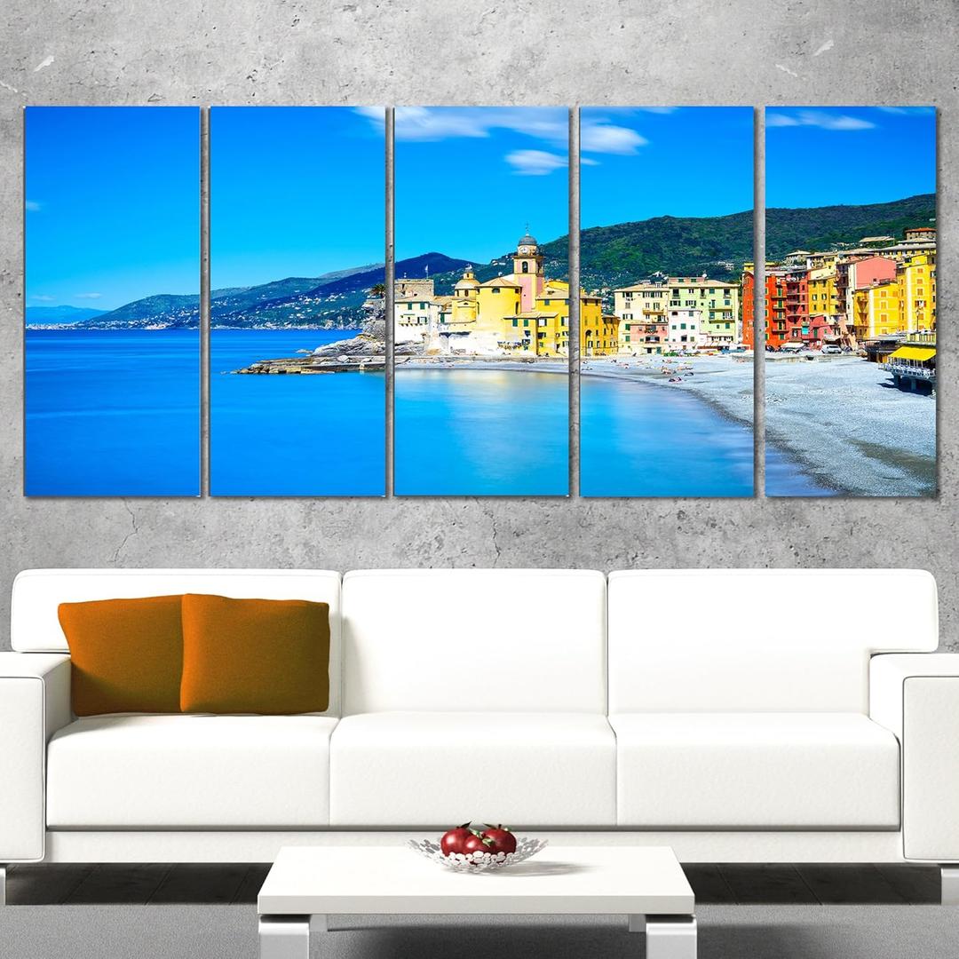 Designart Camogli Church on Sea and Beach View-Extra Large Seashore Canvas Art-60x28 5 Piece-PT11385-401, 60x28-5 Equal Panels