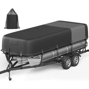 5-Ply 1600D+1200D Pontoon Boat Cover - Fully Waterproof & Ultra-Durable Tear-Resistant, with Large Storage Bag & Reinforced Windproof Straps (Fits 17'-20' Length, Up to 102" Beam Width) (Gray+Black)