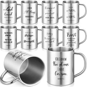 10 Pcs Father's Day Christian Coffee Mug Gifts Bulk 13.5 oz Unbreakable Double Wall Stainless Steel Mug with Handle Inspirational Bible Verse Religious Tumbler for Men Women Pastor