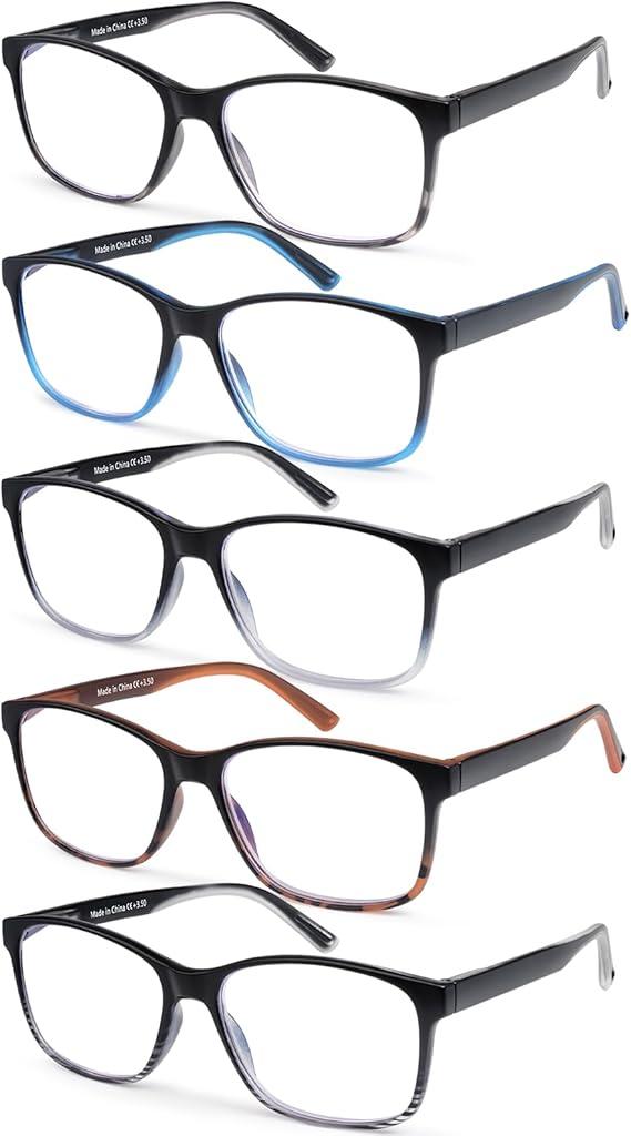 MOZVND 5 Pack Blue Light Blocking Reading Glasses for Men with Spring Hinge 1.5 Fashion Large Wide Computer Readers for Men