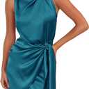 ZESICA Women's 2025 Fashion Satin Sleeveless Halter Neck Tie Waist Wrap Bodycon Cocktail Party Mini Dress (Large, Teal)