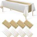 8Pack Disposable Plastic Tablecloths and Satin Table Runner Set White and Gold Dot Tablecloth Gold Satin Table Runner for Wedding Birthday Baby Shower Anniversary Christmas New Year Party Decorations