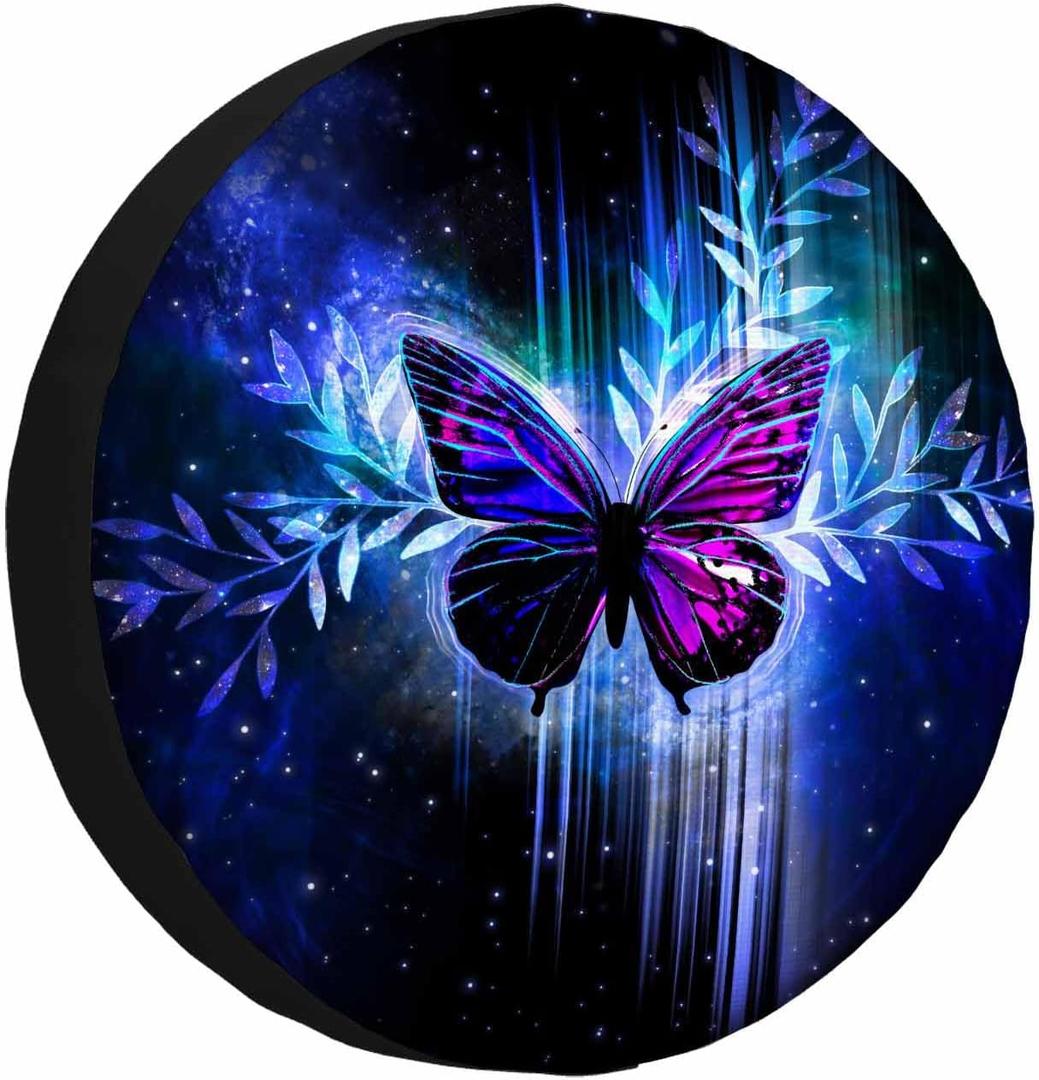 Butterfly Spare Tire Cover Fantasy Surreal Holographic Space Illumination Purple Morpho Weatherproof Universal Wheel Protectors Camper Tire Covers for Trailer Rv Travel(17 inch)