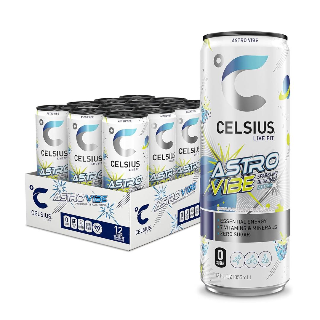 CELSIUS ASTRO VIBE Sparkling Blue Razz, Sugar Free Energy Drink, 12 Fl Oz (Pack of 12)