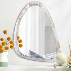 Wood Frame Hanging Mirror for Wall Asymmetrical Irregular White Oval Wall Mirror for Bathroom Wall Mirrors Decorative for Bedroom Living Room Entryway Hallway Unique Mirror (20"L x 16"W)