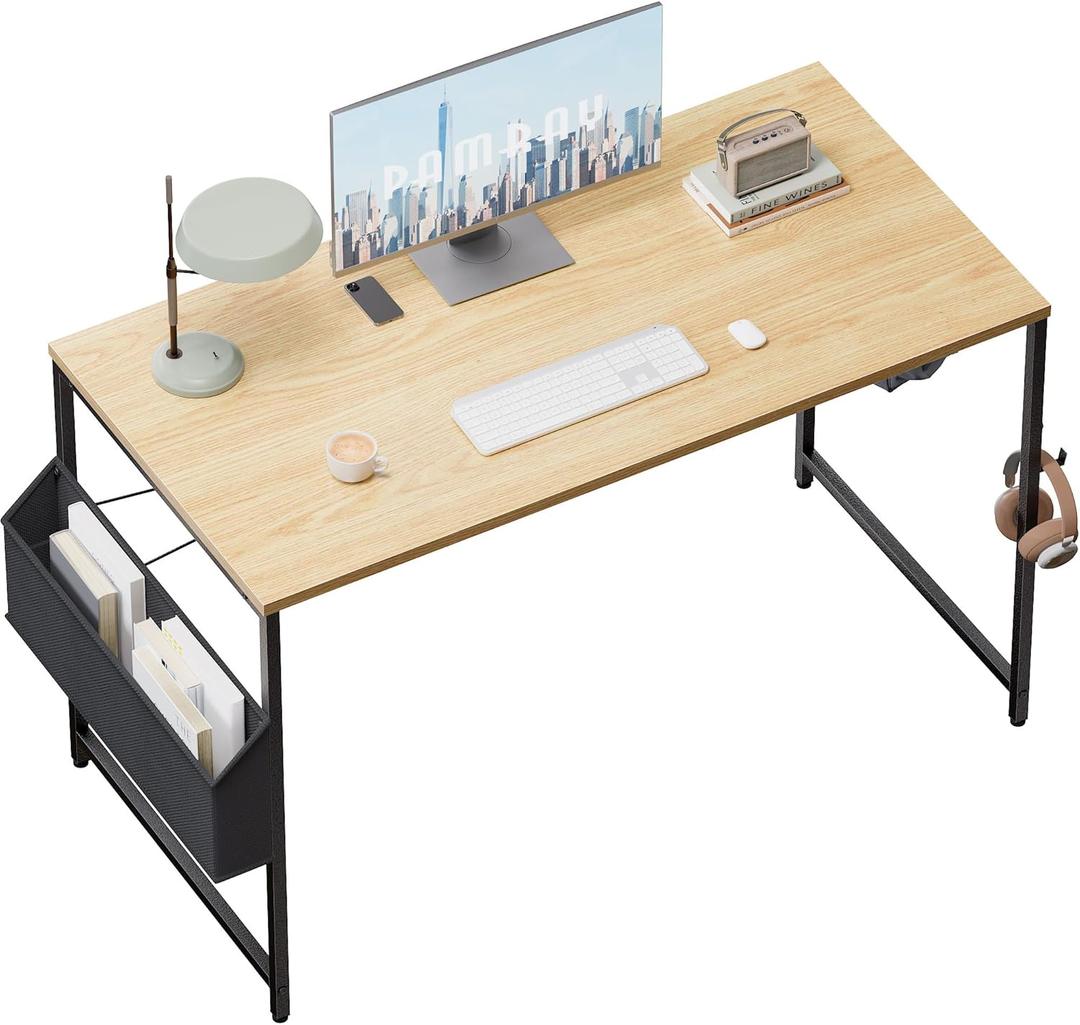 Pamray 47 Inch Computer Desk for Small Spaces with Storage Bag, Home Office Work Desk with Headphone Hook, Small Office Desk Study Writing Table (Walnut)