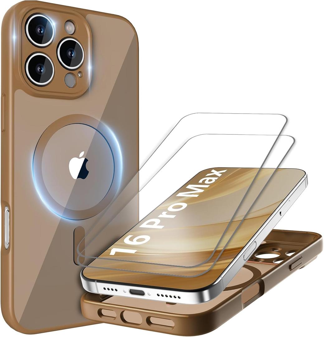 Cufelf Magnetic for iPhone 16 Pro Max Case(Compatible with Magsafe) Full Camera Protection,2+Full Coverage Screen Protector,Translucent Matte,Military Drop Protection Phone Case,6.9",Brown