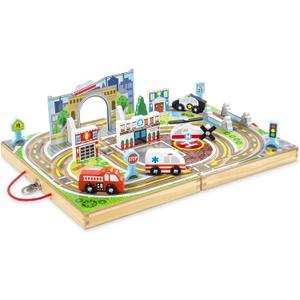Melissa & Doug 18-Piece Wooden Take-Along Tabletop Town, 4 Rescue Vehicles, Play Pieces, Bridge