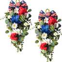 Set of 2PCS 4th of July Red White Blue Teardrop Wreaths for Front Door, Independence Patriotic Swags for Indoor Outdoor, Memorial Day Flowers Swag Wreath for Home Decor