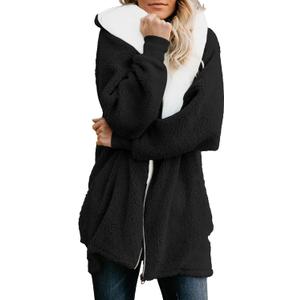 ReachMe Womens Fleece Zip Up Jacket with Pockets Oversized Long Sherpa Hoodie Fuzzy Jackets Warm Teddy Coat (Large, 02 Black)