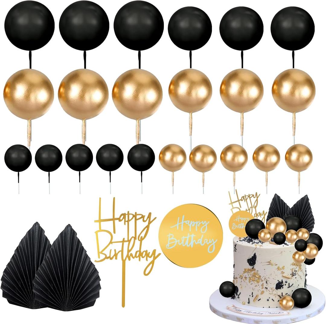 MEMOVAN 26pcs Man Cake Topper Black Boho Cake Topper Black Gold Balls Palm Leaves Black Gold Cake Decorations for Man Boy Bohemian Black Theme Wedding Baby Shower Birthday Party