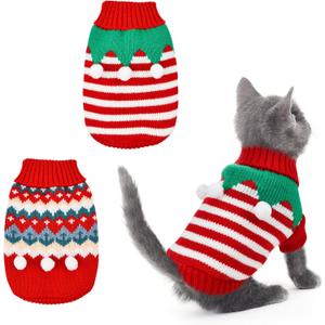 2PCS Puppy Christmas Sweater Cat Turtleneck Knitwear Xmas Elf Outfits Dog Warm Clothes Sweater for Kitties Puppies XS