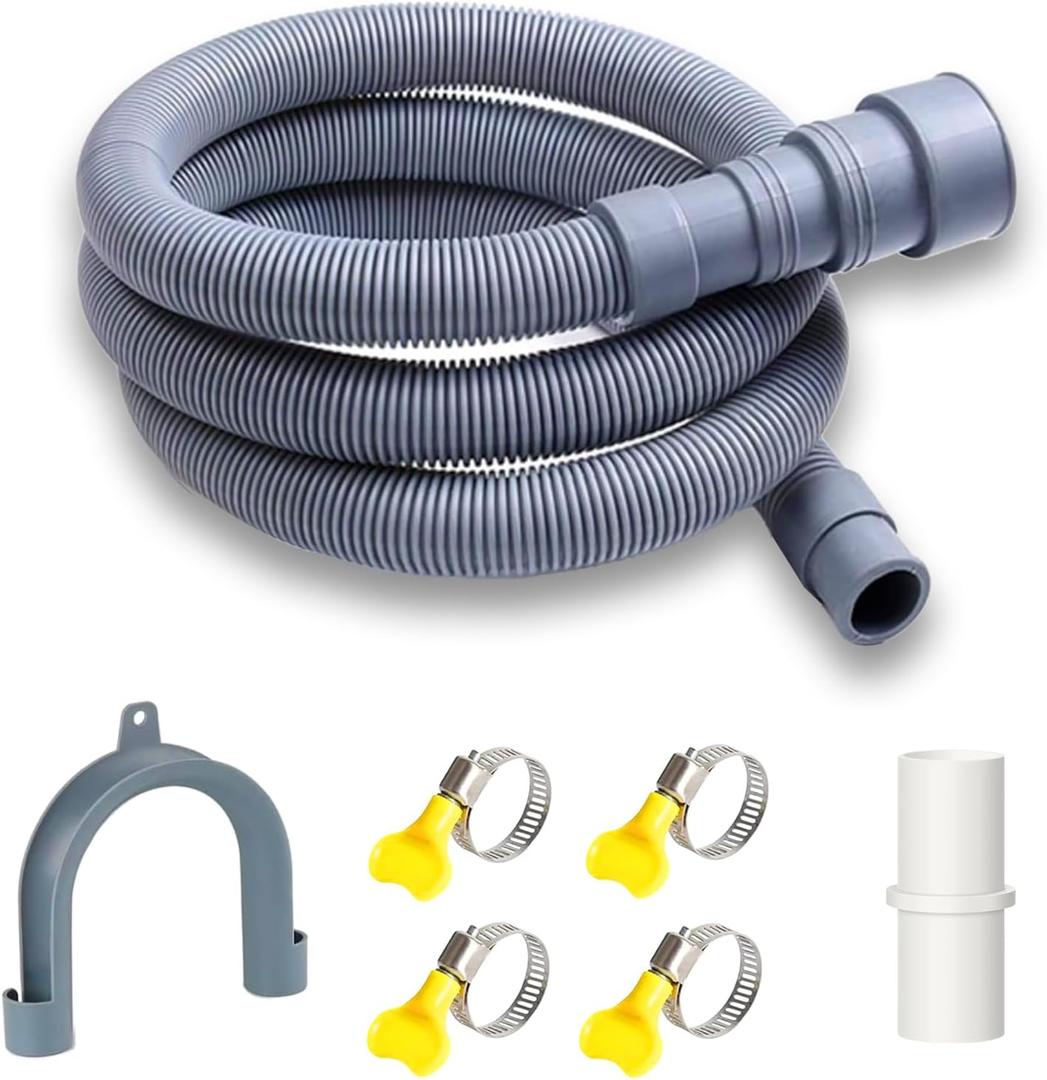 6.5 Ft Universal Washing Machine Drain Hose, Flexible Washer Drain Hose,Dishwasher Drain Hose Extension Kit,Extension Kit Corrugated Dishwasher Hose with 4 Clamps 1 Adapter 1 U-Bend Holder