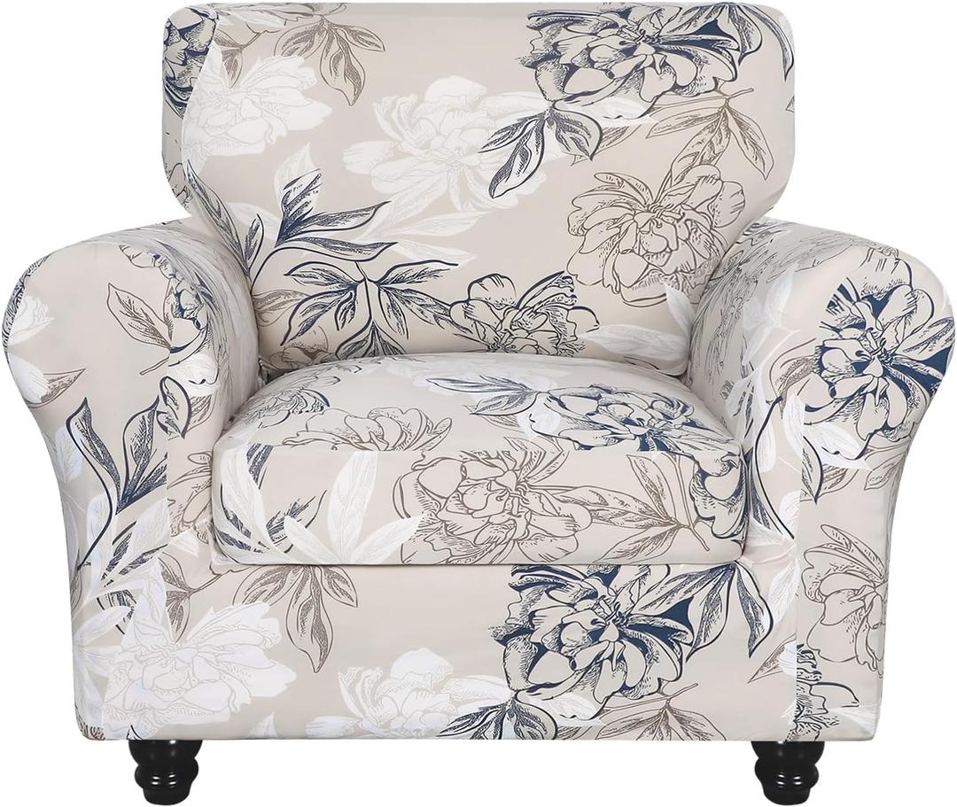 SearchI Stretch Sofa Cover Printed Couch Covers, Floral Pattern 2 Piece Armchair Slipcover with Separate Chair Cushion Cover, Washable Furniture Protector for Living Room (Armchair, Flower Shadow) (Small)