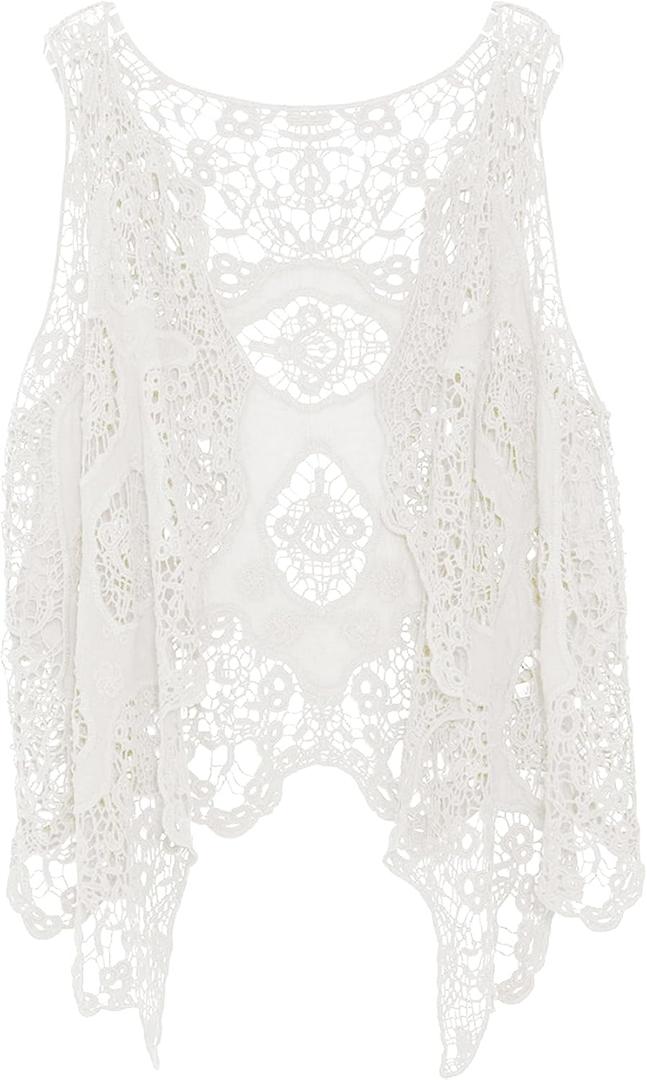 Flygo Women's Open Front Cotton Crochet Lace Boho Hippie Butterfly Vest Cardigan Coverup Sleeveless Irregular Hem (White)