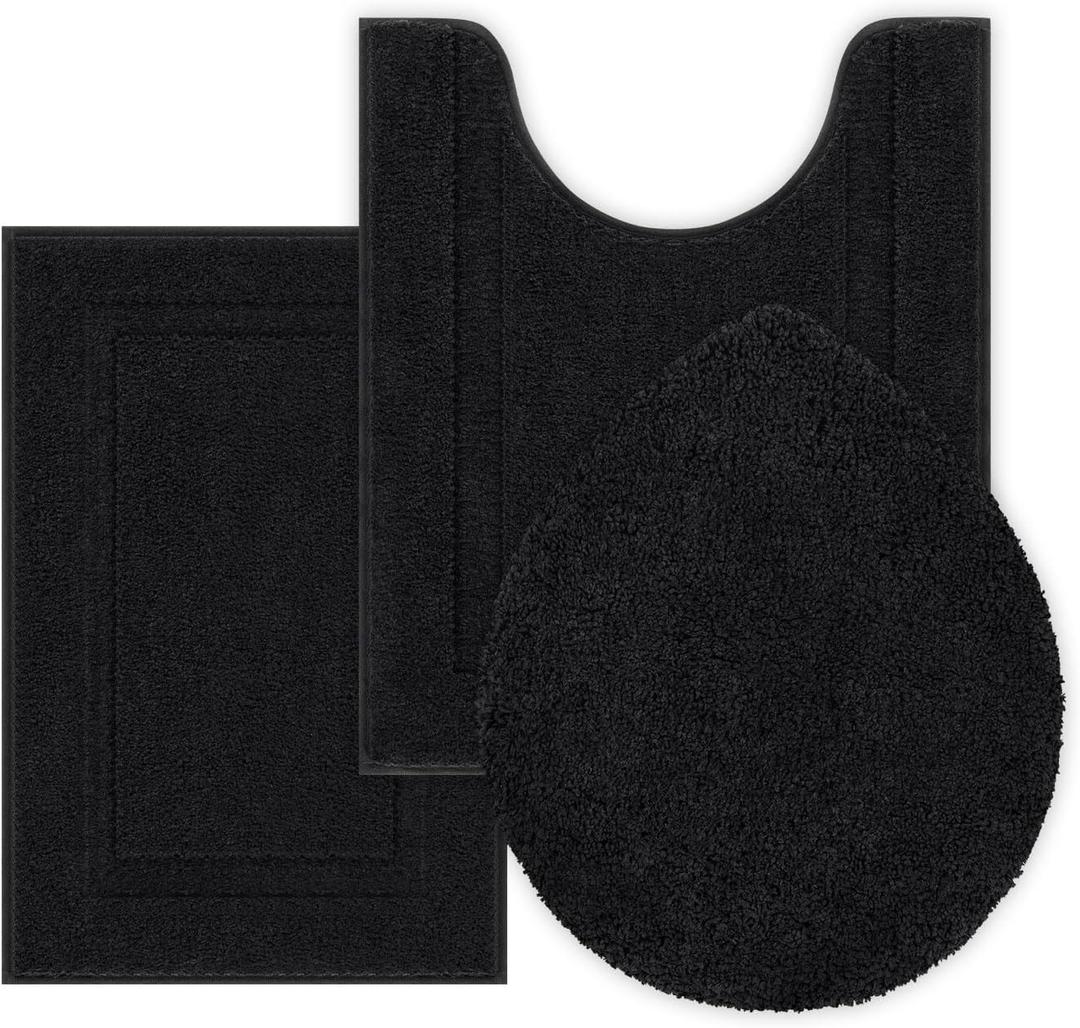 SHACOS Bathroom Rugs Sets 3 Piece with Toilet Lid Cover, 16"x24"Bath Mat and 20"x24" U-Shape Contoured Toilet Mat Machine Washable Shaggy Absorbent Bath Rugs (Black)