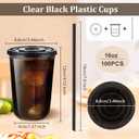 tchrules 100 Set 16oz Plastic Cups with Lids and Straws, Disposable Black Clear Iced Coffee Cup with Lid, Round Bottom Plastic To Go Cups for Cold Drinks Slushie Smoothie Soda Bar Party Shop Supplies