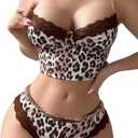SOLY HUX Women's Leopard Print Lace Lingerie Set Chain Bra and Panty Underwear Sets Multicoloured Leopard Large (L)