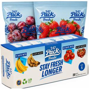 Freshpack 247 Reusable Produce Bags Size S 8 x 10 in, 0.5 Gallon Half Gallon 20 Pack Green Bags for Fruits and Vegetables, Food Storage Bags With Zipper, Helps Keep Produce Fresh, Pantry Meal Prep