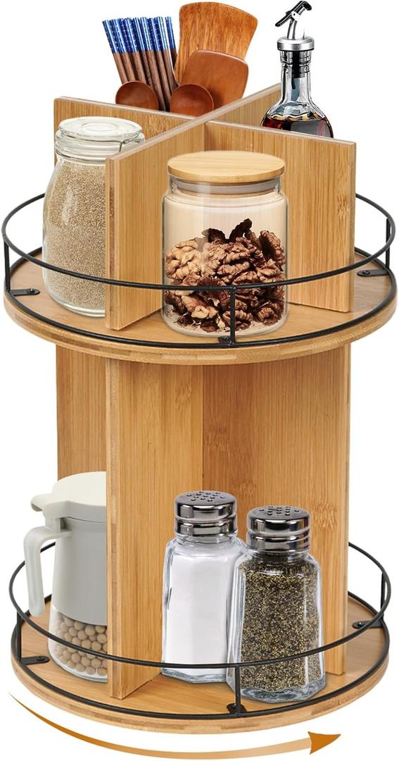 Thick&Thin Lazy Susan Organizer - 2 Tier Rotating Spice Rack for Cabinet, Wooden Rotating Organizer Pantry Kitchen Countertop Dining Table Cupboard Storage
