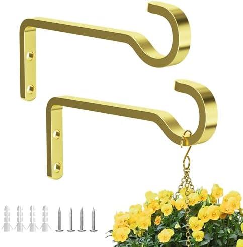 saffruff 6 Inch 2 Pack Heavy Duty Outdoor Plant Hangers for Hanging Baskets, Iron Plant Brackets, Metal Plant Wall Hooks for Lantern, Bird Feeder, Wind Chimes, Gold