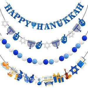 Hanukkah Decorations Garland, Happy Hanukkah Banner Hanukkah Garland Decor, Pre Strung Pom Pom Hanukkah Party Supplies, Hanukkah Decorations for Home Indoor