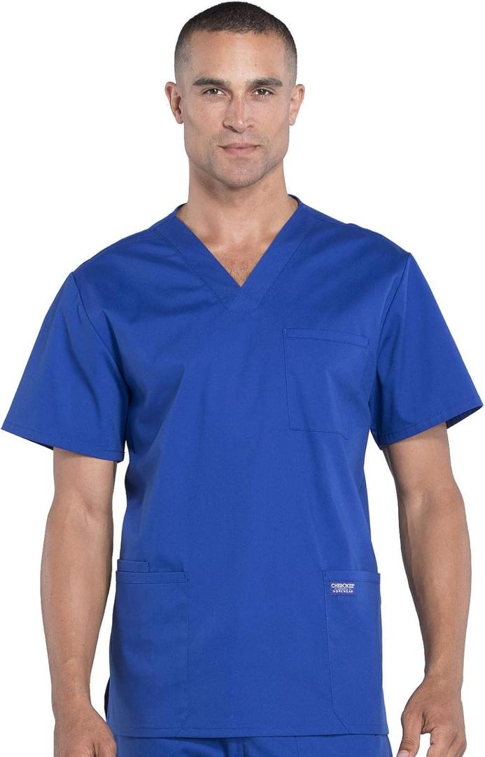 Cherokee Scrubs for Men Workwear Professionals V-Neck 4 Pocket Scrub Top WW695 (Large, Galaxy Blue)