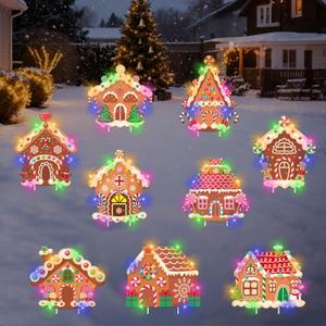 9 PCS Christmas Gingerbread House Yard Signs with LED Lights, Xmas Gingerbread Outdoor Decorations with Stakes, Christmas Garden, Yard, Lawn, Patio, Pathway Decor