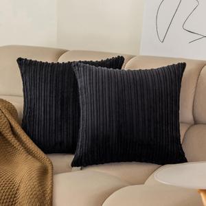 Kevin Textile Set of 2 Decorative Pillow Covers Solid Striped Corduroy Plush Velvet Cushion Cover for Couch, 24x24 inch (60cm), Black