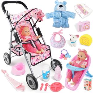 SMILESSKIDDO Baby Doll with Stroller PlaySet - 12 Inch Soft Body Dolls and Accessories Dining Chair, Doll Clothes, Feeding Set for Realistic Pretent Play, Babydoll Care Gift for Toddler Girls 2 3 4 5